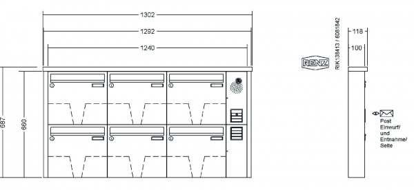 RENZ Briefkastenanlage Aufputz, Tetro, Edelstahl V4A, Kastenformat 370x330x100mm, mit Klingel - & Lichttaster und Vorbereitung Gegensprechanlage, 6-teilig